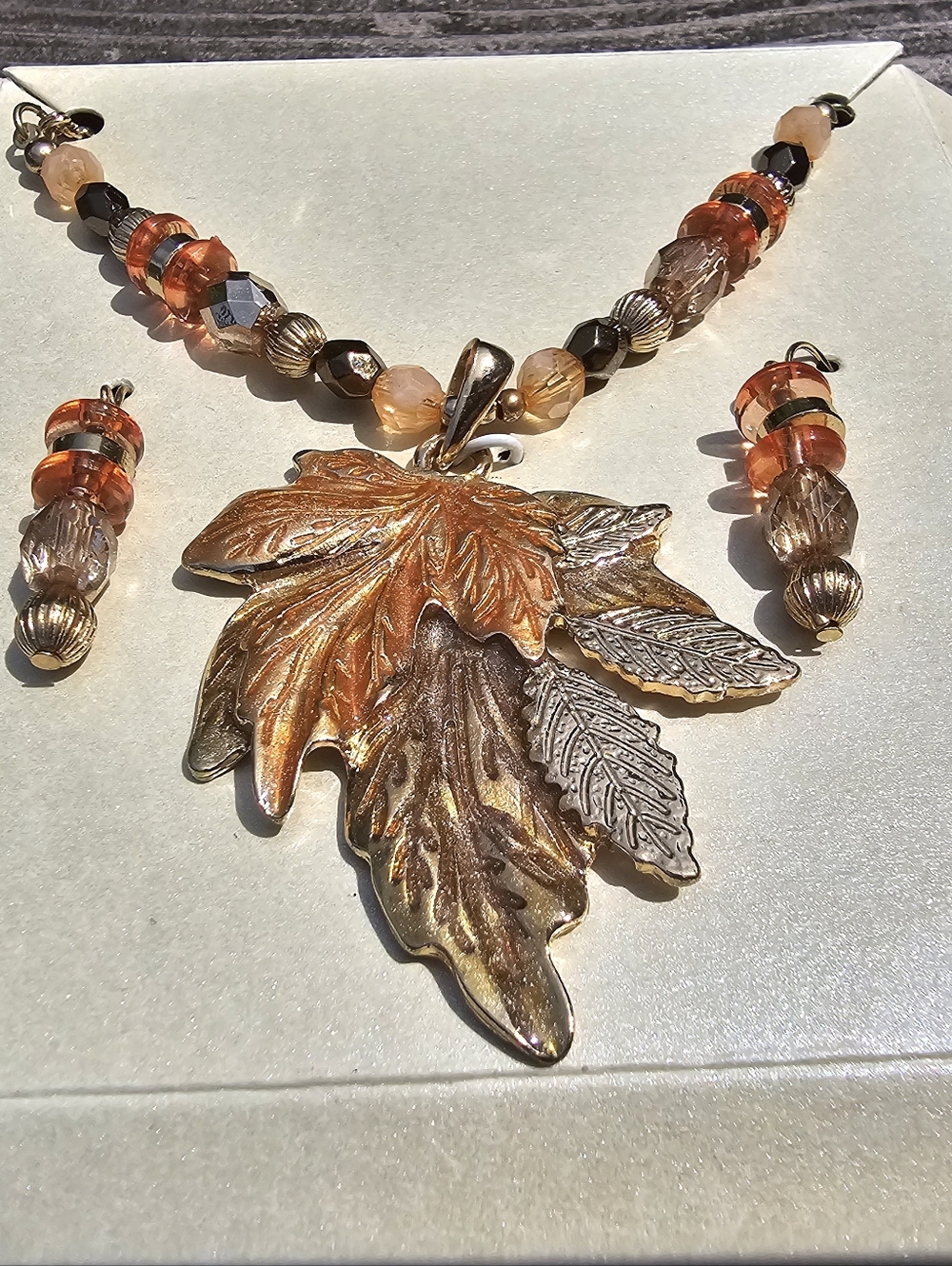 Statement Leaf Pendant Necklace & Earrings Set Warm Amber Tones